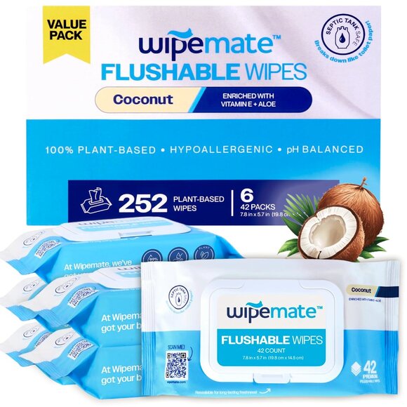 Wipemate Ultra Flushable Butt Wipes Soothing Vitamin E & Aloe, Coconut 252 count - Picture 1 of 5
